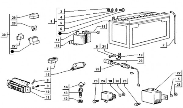 Elektrische Anlage Batterie - Ape TM 703 mit Lenkrad 220ccm 2T AC 2000-2007 ATM3T